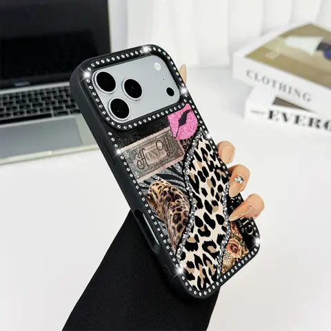 Shining leopard print double-sided diamond studded phone case, military grade anti drop, stylish and beautiful phone protection case, suitable for iPhone 18  Pro Max, 17, 16, 15 Plus, 14, 13, 12, 11 women's phone case-A192