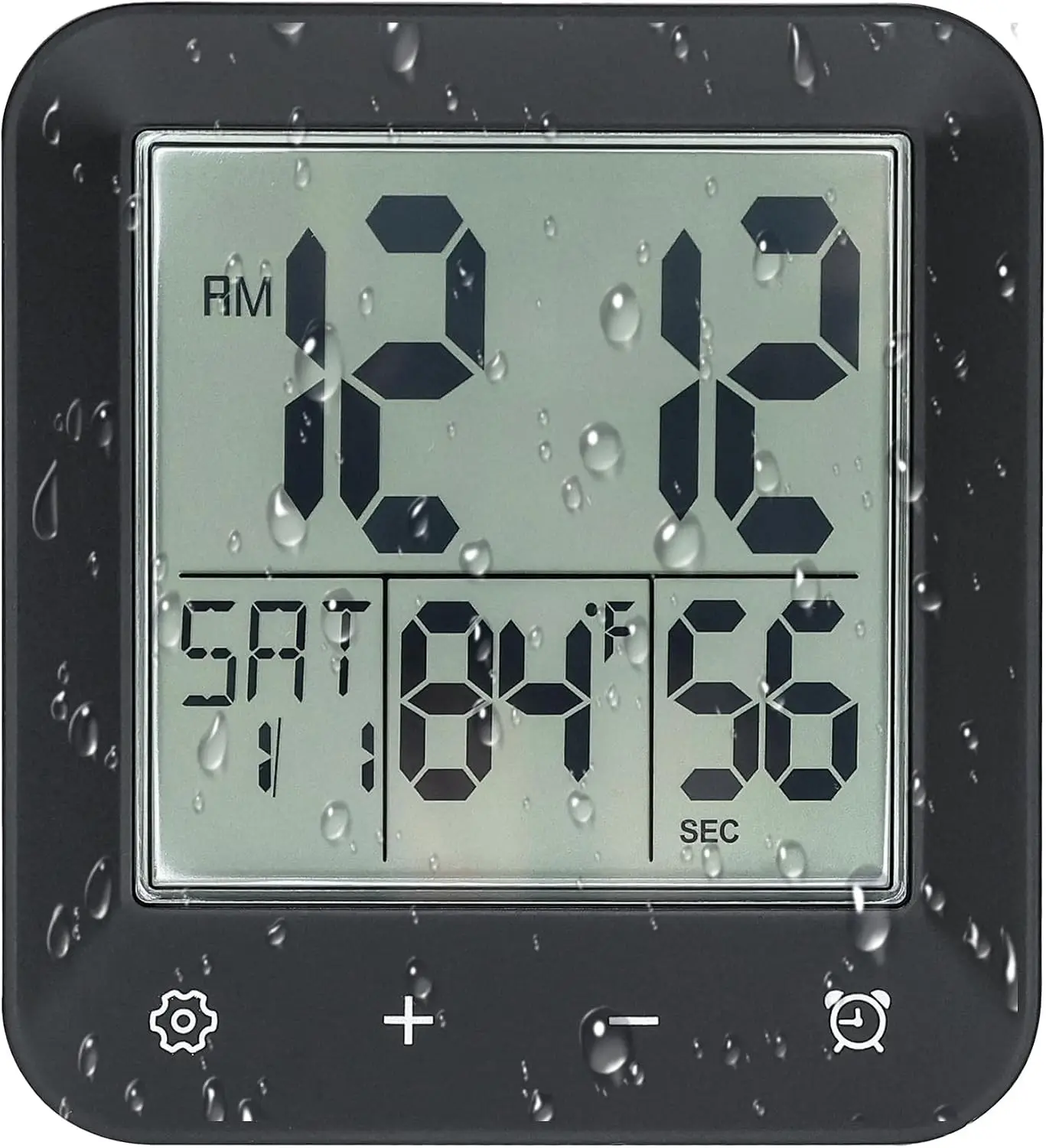 Waterproof Digital Shower Clock Extra Large LCD Screen Bathroom Wall Clock with Timer Countdown Moisture Proof Anti Splash Displays Temperature Time Date Week Suction Cup Hanging Hole Stand