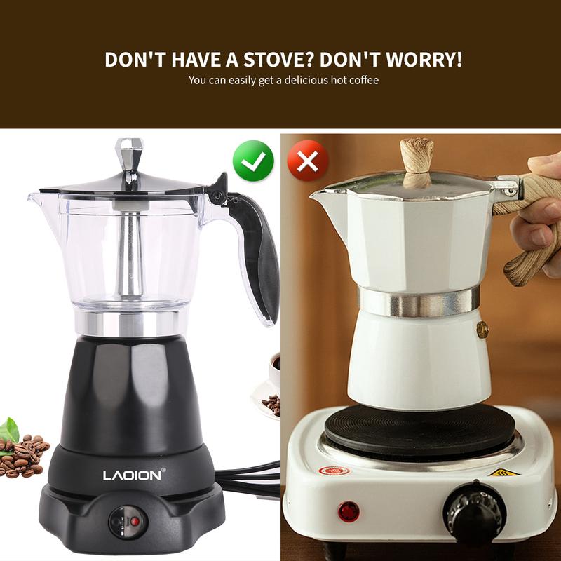 LAOION Cuban Coffee Maker 6 Cup Electric Espresso Coffee Maker 300ml Portable with Detachable Base & Overheat Protection for Home Travel