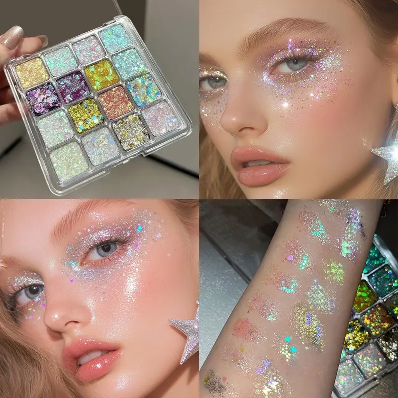 16-Color Glitter Eyeshadow Palette, Sparkling Shimmer Shades, Shimmery Eyeshadow for Vibrant Eye Makeup, Stage and Club Looks, Holiday Gift