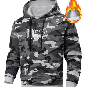Men's Camo Hoodie Sweatshirt, Embroidered Chest Patch Design, Casual Outdoor Wear Essential, Fall Winter Fashion for Men