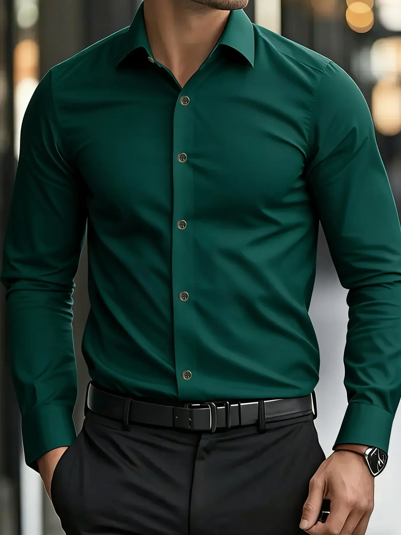 Men's Fashion Classic Casual Minimalist Solid Color Button-Up Long Sleeve Fitted Shirt, Casual Wear for Parties and Everyday Use, Breathable and Washable for All Seasons