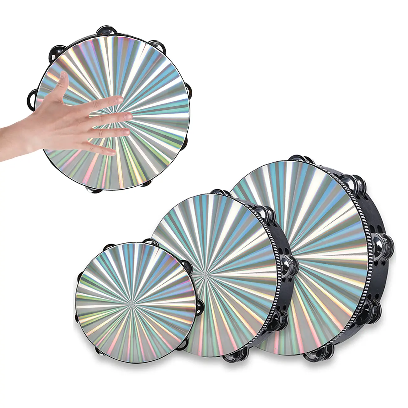 3 Pack Radiant Tambourine Hand Held Drum 6/8/10 Inch Double Row Jingles Reflective Tambourines for Adults, Musical Instrumen for Church, Party,Dance,Karaoke, gift,Portable