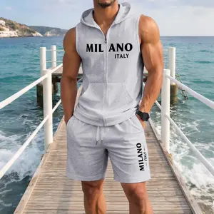 Men's Milano Italy Graphic Sleeveless Hoodie Shorts Set 2 Piece Outfit Milano Letter Print Zip Up Hooded Vest Drawstring Shorts Summer Casual Gym Workout Streetwear Breathable Lightweight Athletic Lounge Set