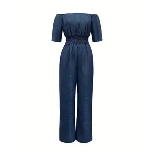 Elegant Off-Shoulder Short Sleeve Jumpsuit with Cinched Waist - Solid Black, Polyester, Machine Washable - Chic Wide Leg Design for Spring/Summer/Fall Fabric Womenswear Collar Overalls Comfort Blue Fitted Shortsleeve Clothes Clothing Basic Minimalist