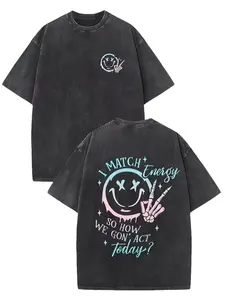 "I Match Energy" Smiley Skeleton 100% Cotton Washed Tee | Front & Back Print