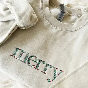 Embroidered Floral Merry Christmas Sweatshirt, Elegant Holiday Crewneck, Cozy Embroidered Xmas Sweater with Floral Lettering, Personalized Christmas Gift