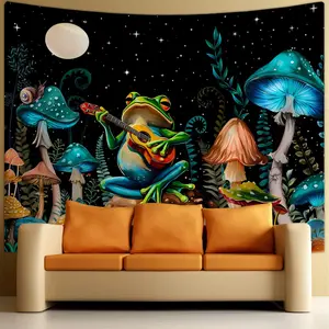 Frog & Mushroom Pattern Durable Decorative Tapestry, 1 Count Wall Hanging Blanket with Installed Accessory, Wall Art Decor for Home Living Room Bedroom, Starry Sky Pattern