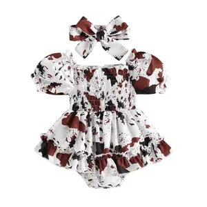 Infant Baby Girl Smocked Bubble Romper Dress Ruffled Short Sleeve Cow Print Onesie Bodysuit Summer Dresses with Headband #Springtok