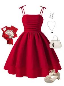 Sweet Ruffle Strap Dress for Girls, Summer Casual Style, Fitted Woven Fabric, Moderate Thickness, Perfect for Daily Wear