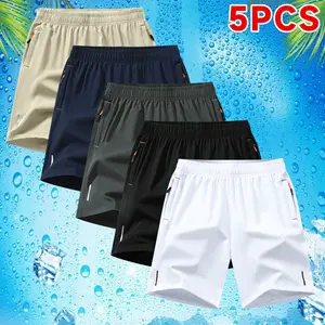 Men’s 5-piece athletic shorts set with zippered pockets, solid color, suitable for running, beach, and everyday commuting