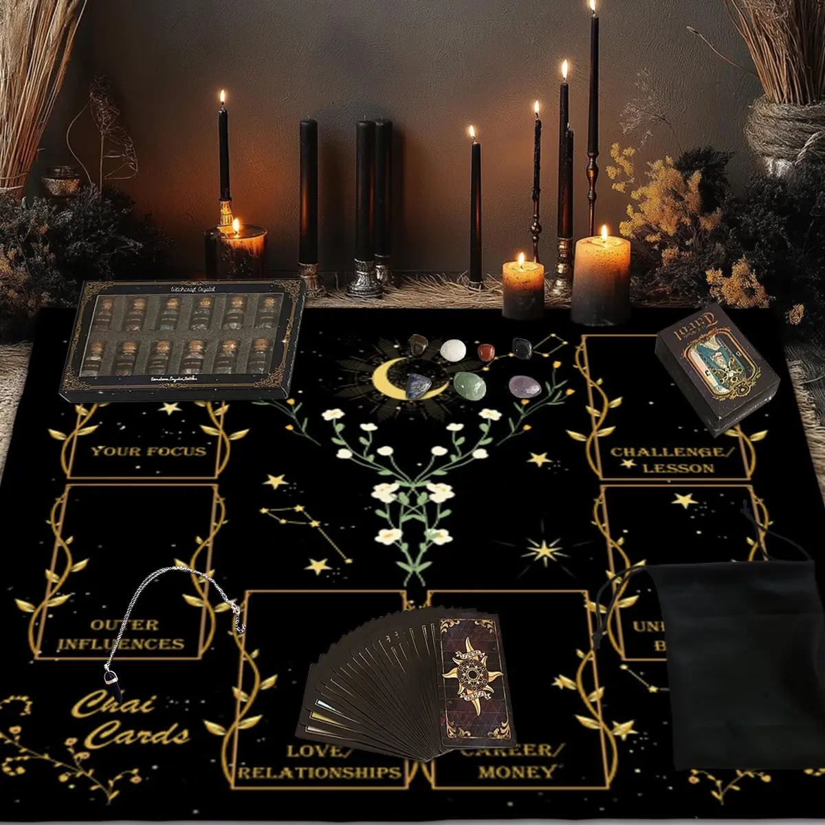 6PC Six Palace Tarot Decoration Tower Set, Tarot Astrology 6-piece Set, 1 set of 78 Tarot Cards, 1 set of 12 Mineral Bottles, 1 set of 7 Chakra Stones, 1 polyester drawstring bag, 1 tablecloth, 1 pendant, a gift for Tarot scholars.