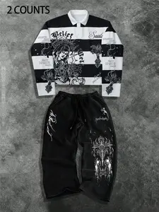 Street Casual Set, Polo Long Sleeve Sweatshirt & Printed Pants Two-Piece Outfit Set, Loose-Fit, Fall&winter, American Retro School Style