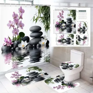 4pcs Nature-Inspired Bathroom Decor Set, The floor mat fabric is thicker and softer! Serene Shower Curtain with Orchids & Flowers, Stone Accents, Spa Aesthetic