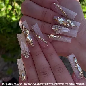 Gradient 3D Flower Decor Press on Fake Nail, 24pcs/set Rhinestone Decor Fashion Press on Nails & 1 Tape & 1 Nail File, for Women & Girls Nail Art