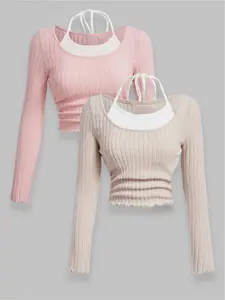 Elegant Women's Long Sleeve Mock Layered Tie Knitted Top Fit for Autumn & Winter, Warm Design for Stylish Comfort, Versatile Casual Wear