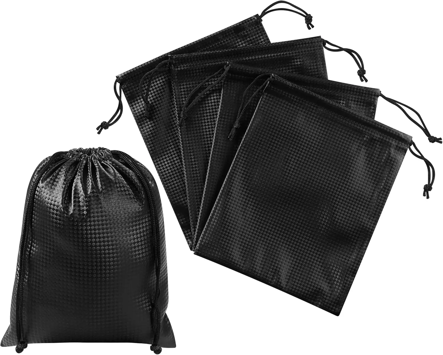 Tech-Weave PU-Coated Drawstring Bags (Set of 5) Water-Resistant, Directional-Stretch Travel Organizers for Goody Bag, Toiletries, Tech Gear, Charger - Wipe-Clean (Black 3D, 6 x 8 Inch)