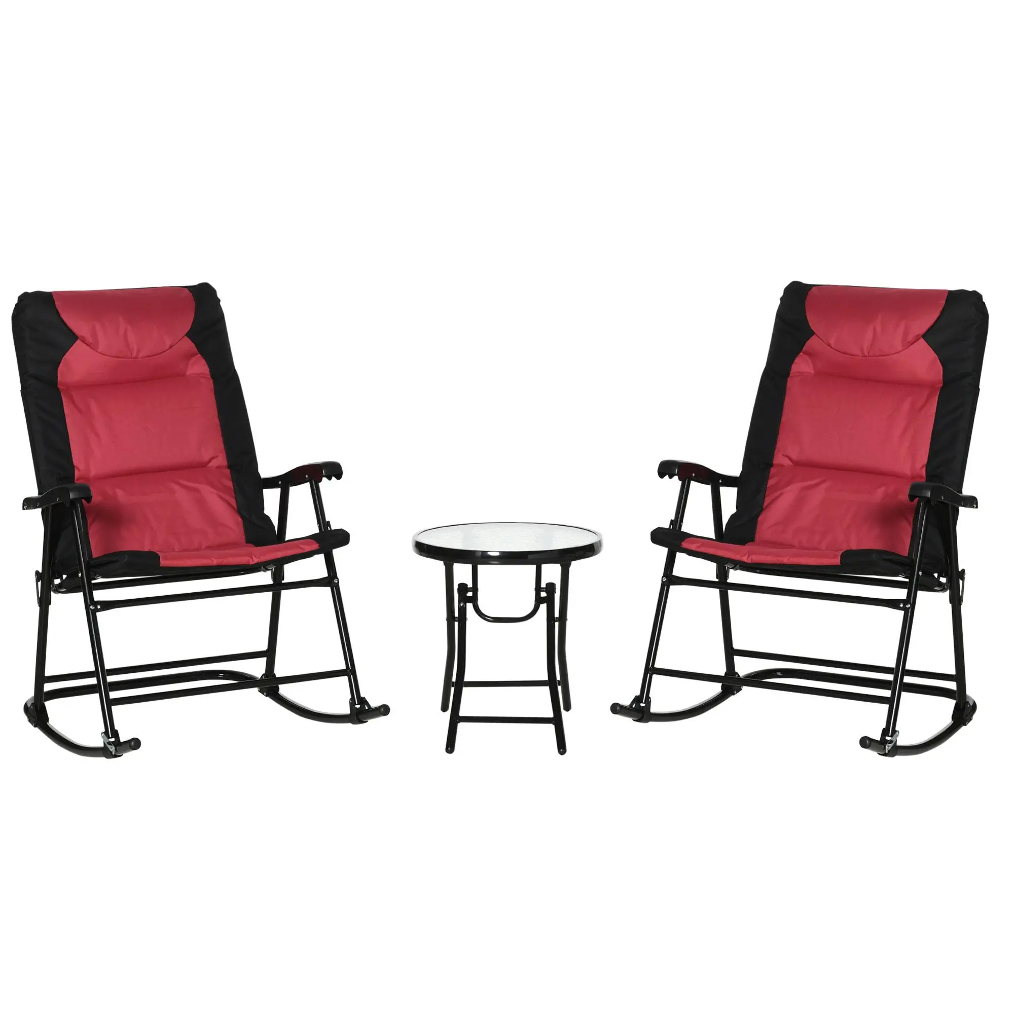 Outsunny 3-Piece Modern Patio Set – Outdoor Dining & Bistro-Style Bar Set with Glass Coffee Table and 2 Folding Padded Rocking Chairs for Porch, Balcony, Navy Blue, Outdoor Dining Set