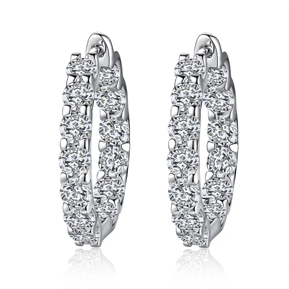 【1031】 12*2 Stones Synthetic Moissanite Hoop Earrings | 0.1CT Each,  Silver Hoops, Inside & Outside Bling for Night Out