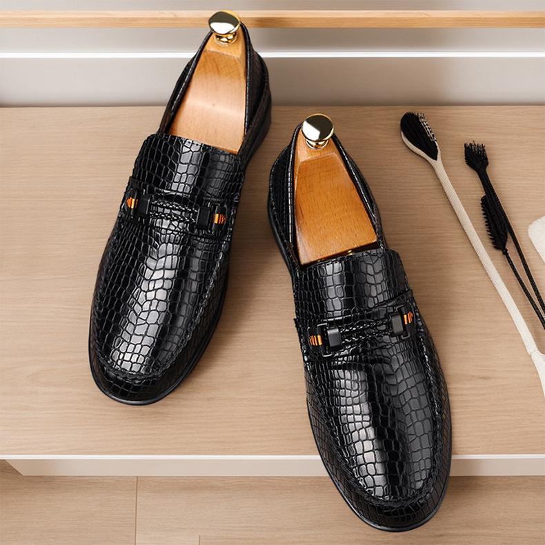 Men's Croc-Embossed Metal Bit Loafers, Black & Brown Formal Slip-On Leather Shoes25328