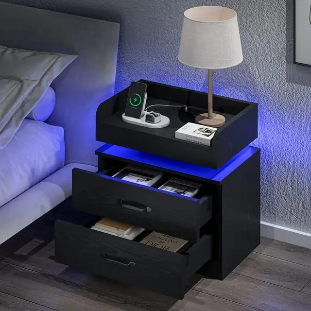 HOMBCK LED Nightstand with Charging Station, Modern Black Night Stand Storage Drawers, End Side Table for Living Room