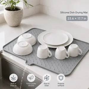 Luxet Silicone Dish Drying Mat 23.6 x 17.7 in Grey, Built-in Drain Lip Food Grade Silicone Countertop Drying Tray, Non-Slip Dish Drainer Mat for Dishes, Cups, Bowls, Pots & Kitchen Sink Counter Protection