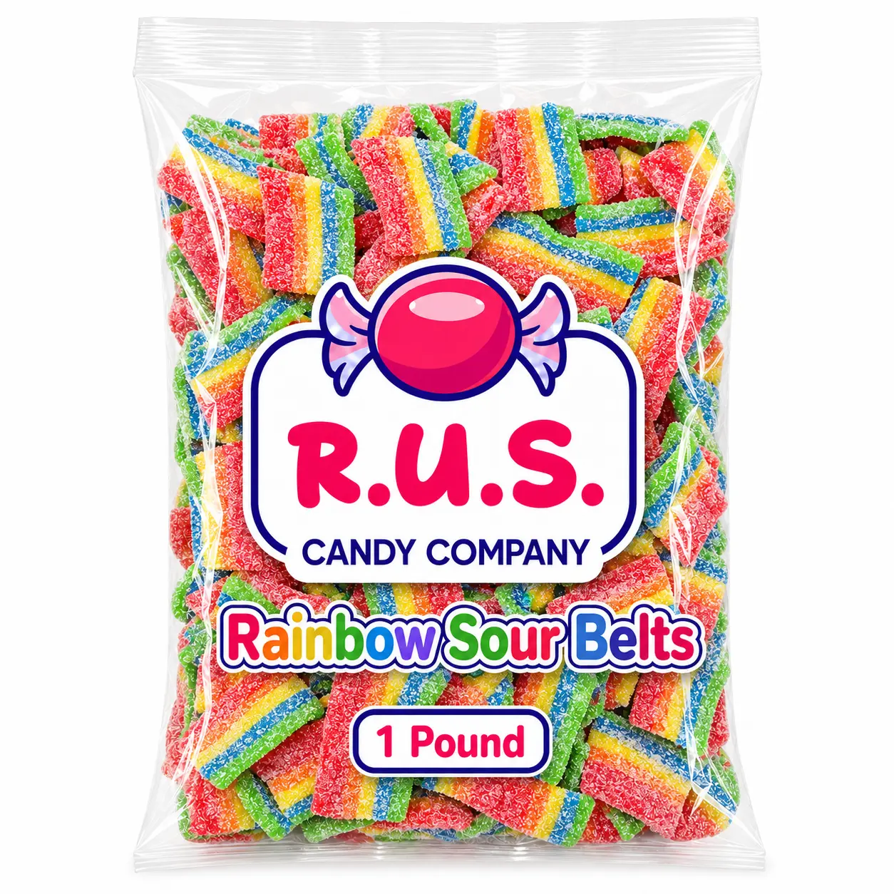 RUS Candy Company Rainbow Sour Belts - 1lb Bulk Bite-Size Sour Strips, Fruity Tangy Flavors (Blue Raspberry, Apple, Strawberry), Party Snacks, Novelty Candy