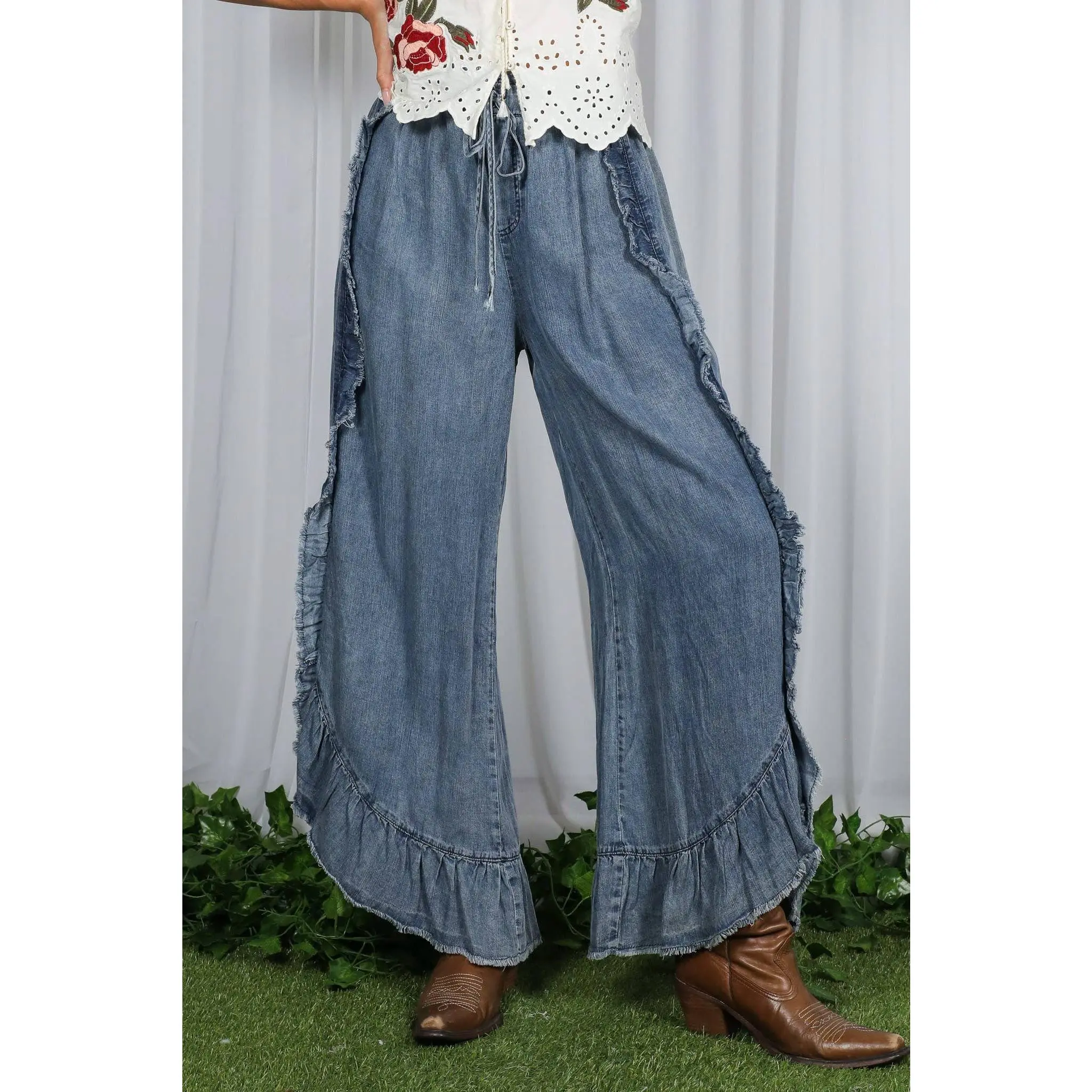 Vine & Love - Flared Ruffle Hem Washed Chambray Crop Denim Pants
