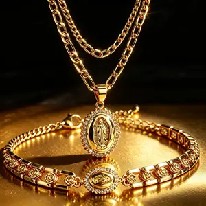 18K Gold Plated Guadalupe Virgin Mary Necklace & Bracelet Set - Layered Figaro Chain, Sparkling Zircon Halo Pendant, Rose Engraved Bracelet, Waterproof Tarnish-Resistant Religious Stackable Jewelry for Men Women, Virgen de Guadalupe Faith Accessory