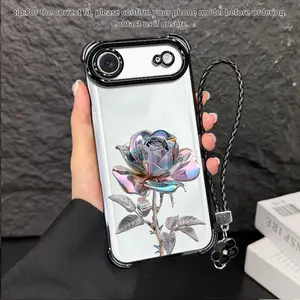 Suitable for [iPhone 17 Air] high-end women's phone case🥰，a beautiful four-leaf clover lanyard is included🍀，electroplated Four-Corner Shockproof phone casesophisticated, minimalist rose pattern YM99