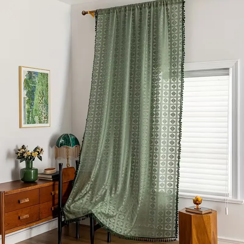1pc Elegant Diamond Pattern Fringe Drapes, Semi-Transparent Sheer Curtains for Living Room & Bedroom, Stylish Ruffle Design with Rod Pocket