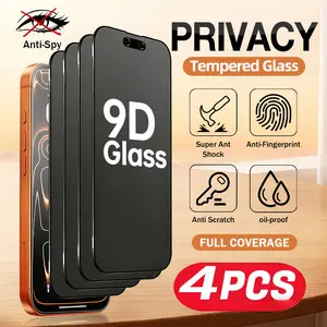 4-Pack 9D Full Screen iPhone Privacy Film, Anti-Spy Tempered Glass, Shockproof, Fingerprint Resistant, Oil Repellent, Fits All Apple Models