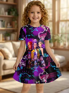 Cartoon Anime Print Girls' Dress, Round Neck Short Sleeve Casual One-Piece, Knee Length Fitted Style