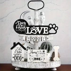 Dog Themed Wooden Layered Tray Decor Set, Rustic Farmhouse Design, 1 Set Paw Print & Letter Pattern Desktop Ornament, Indoor/Outdoor Table Centerpiece, Home Decor