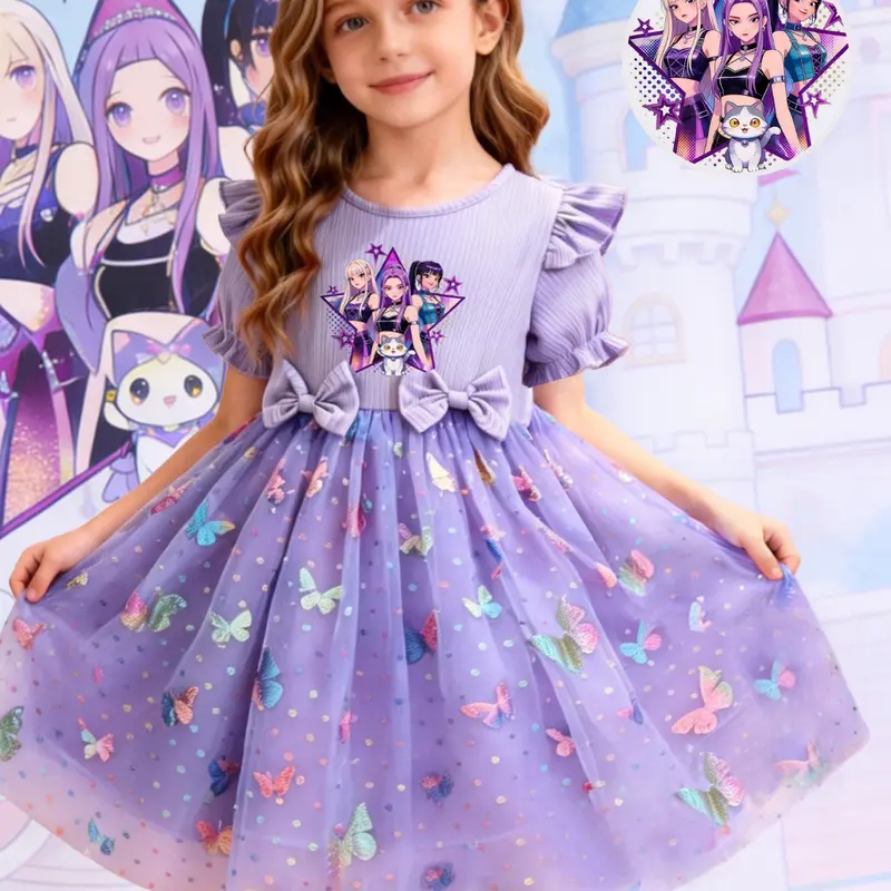 Girls' Cartoon Butterfly Princess Dress, Butterfly Print Dress, Sweet Cool Girl Dress, Easter Valentine Dress, Summer Party Dress, Birthday Party Dresses, Birthday Gift, Birthday Clothes