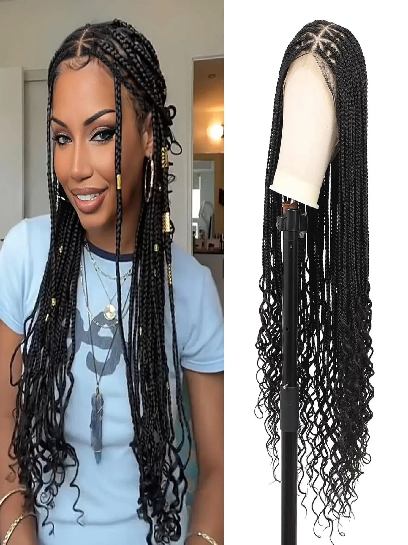 360° HD Full Lace Knotless Braided Wigs with Boho Curly Ends for Women Braided Lace Front Wigs with Baby Hair Synthetics Blended Black Natural Box Braid Wig 30 Inch Boho Style Wigs