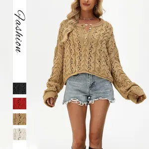 BIGWIG Women's Spring/Autumn Sweater — V-Neck Crocheted Openwork Design, Casual Loose-Fit Solid-Color Pullover, Cropped Lightweight Knit Top, Long-Sleeve Openwork Pullover Wool Blend Motorized Electric Car License Plate Frame Cardigan