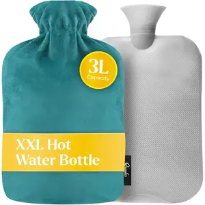 Hot Water Bottle - with Soft Premium Fleece Cover - Green Blue, 3L - Heating Pad for Menstrual Cramps & Period Comfort - Bed Foot Warmer - Hot & Cold Compress for Back, Stomach, Neck Pain Relief