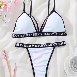 Eidryalla Women's Plus-Size Breathable Polyester Knit Lingerie Set - Elastic Stretchy Fit, Solid Color, Thin Shoulder Straps, Letter Prints, Sporty Style for Everyday Wear