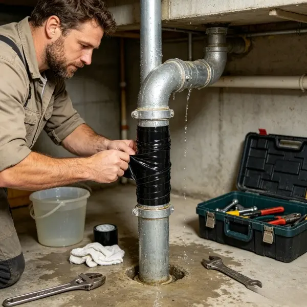Black waterproof repair tape wrapped around leaking metal pipe