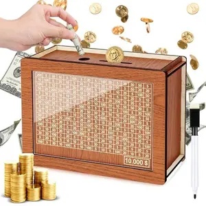 Wooden Savings Box with Bill and Coin Slot – 10,000 Dollar Goal Chart for Personal Finance & Saving Motivation- Practical Savings Solution