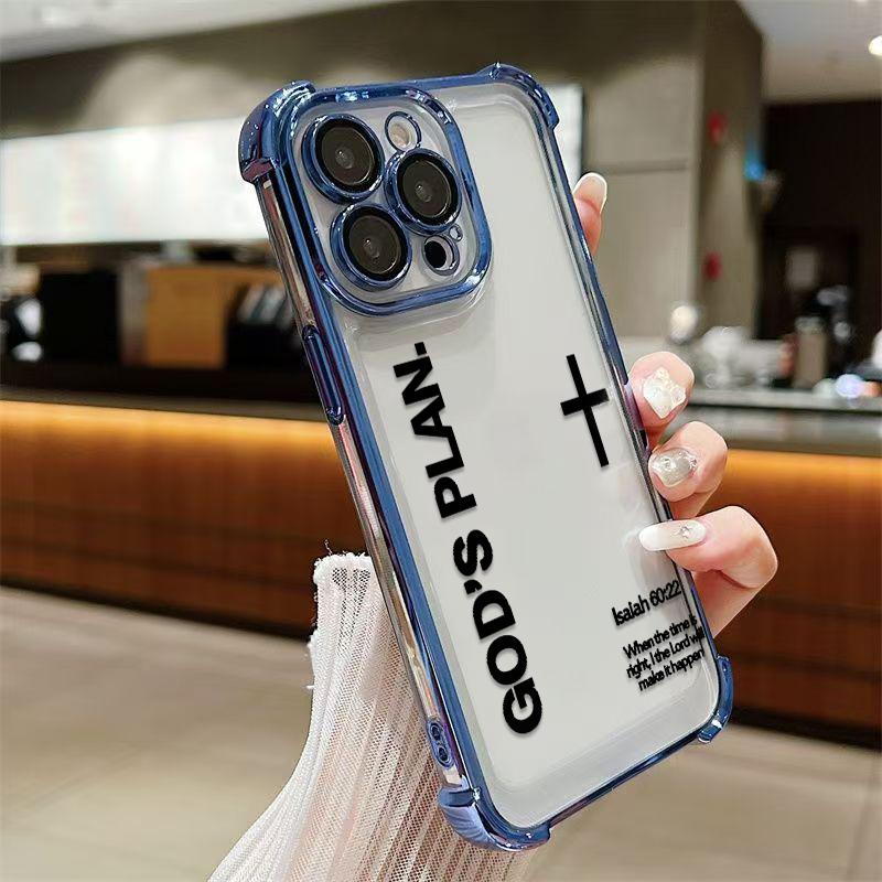 Unique GOD'S PLAN Patterns Electroplated Phone Case With Four-Corner Airbag Electroplated Featuring A High-Transparent Tpu Back With Reinforced Shock-Absorbent Airbags And Shiny Electroplated Frame For iphone 17 16 15 14 13 12 11 SAMSUNG S25 24 23 22