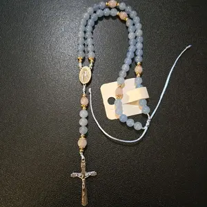 Adjustable Rosary with Baby Blue Chalcedony Beads and Silver Cross