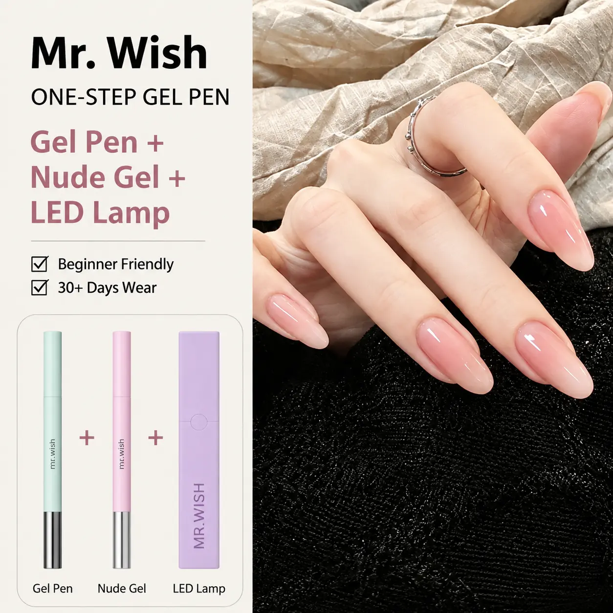 【MR.WISH】Sheer Nude Nail Gel Polish, Breathable Jelly Color with Peel-Off Pen & UV/LED Cure Lamp, Strengthening Nail Care Coat for Natural Look