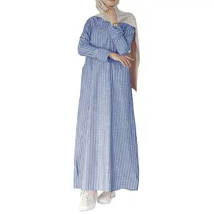Women’s 65% Cotton, 35% Polyester A-line maxi dress with long sleeves, striped print, vintage abaya style from Turkey, hijab robe, Islamic kaftan gown with pockets