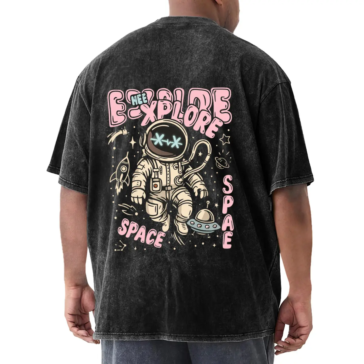 1pcs Cute Astronaut in Space with  Explore Space  Text and Rocket, UFO Elements  Men's 250g washed pure cotton T-shirt, front and back printed patterns - loose, fashionable, extra-large style, retro worn-out style, suitable for casual wear