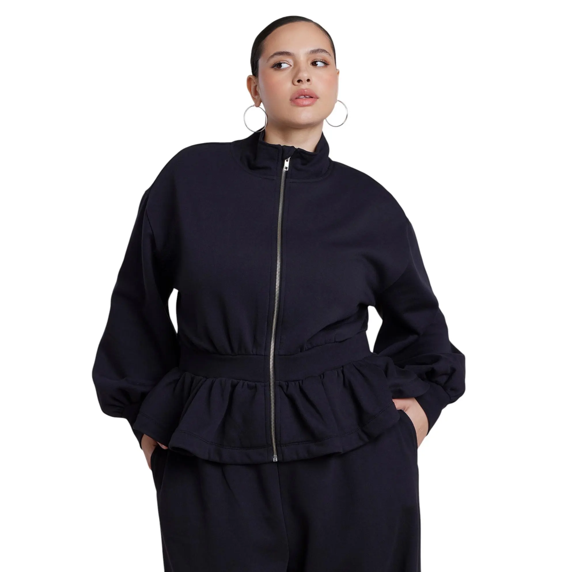ELOQUII Women's Plus Size Cinched Zip-Front Peplum Sweatshirt