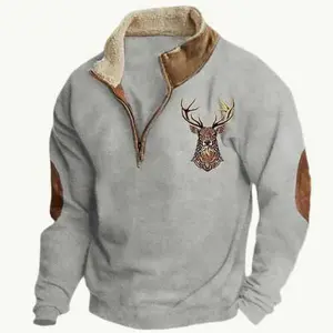 Spring and Autumn Fashion Men's Fur Collar Long Sleeve Half Zipper Printed Casual Trend Warm Sweatshirt