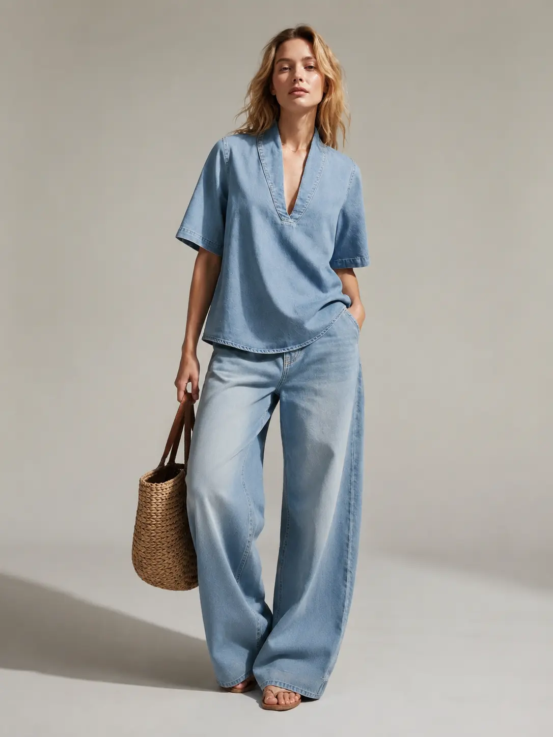 Women's Aesthetic 2-Piece Basic Casual Clothes Set - Shortsleeve V-Notch Oversized Blouse, High-Waist Wide-Leg Denim-Look Pants, European Linen-Textured Wrinkle-Free Soft Relaxed Fit Fabric, Plus Size (S-XXXXL) Vacation Beach Loungewear, Style, Co