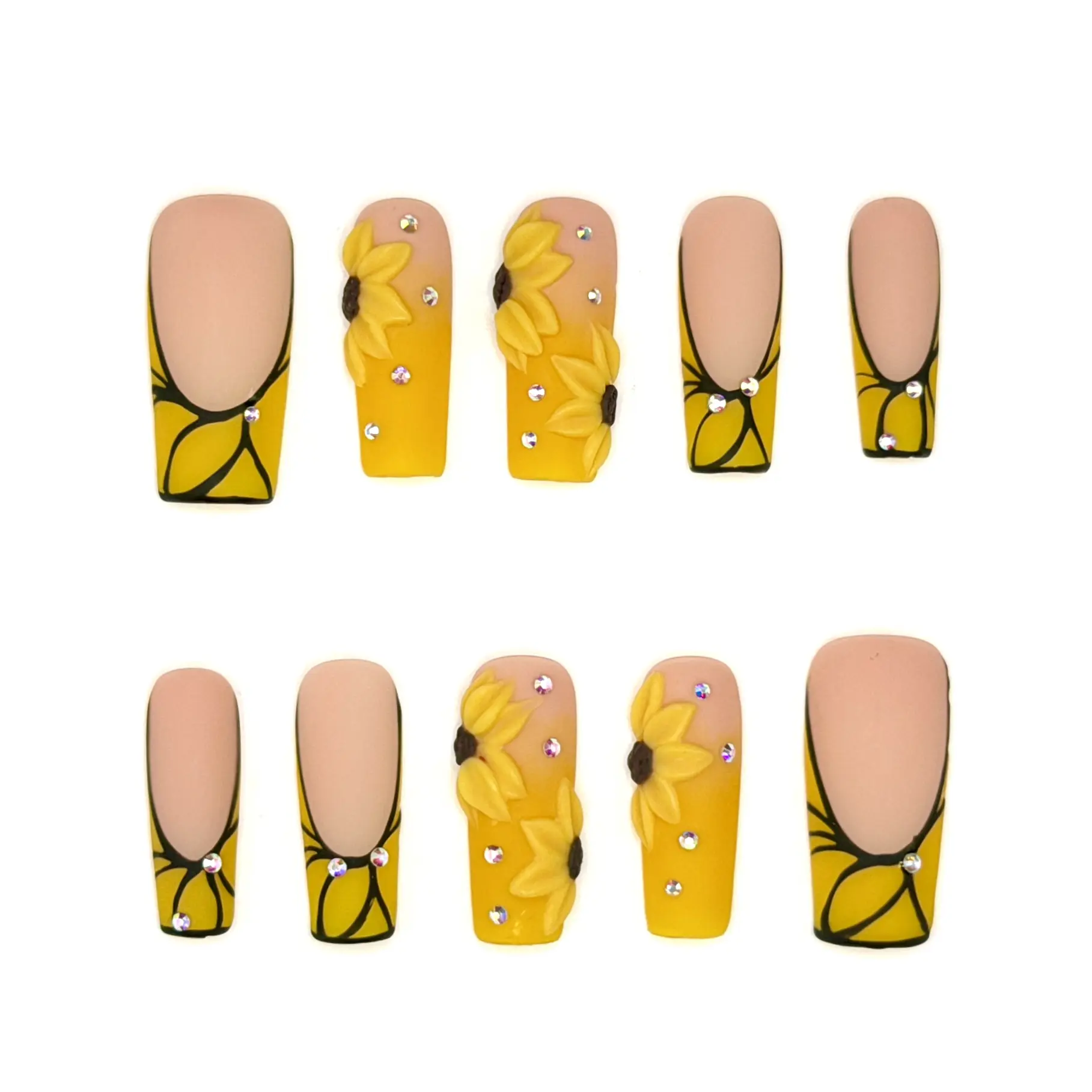 Luxury Long Square Press-On Nails Single Item - Handmade 3D Golden Sunflower, Matte Yellow Floral Set for Beauty & Nail Art, Nails Inspo, Casual